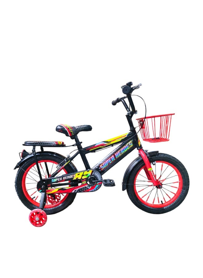 Super Hero 16-Inch Kids Bicycle – Red | Steel Frame, Training Wheels, Safety Brakes, Basket & Rear Carrier | Abo ElGoukh & Maxlerz® Warranty | For Boys & Girls (4–7 Years)